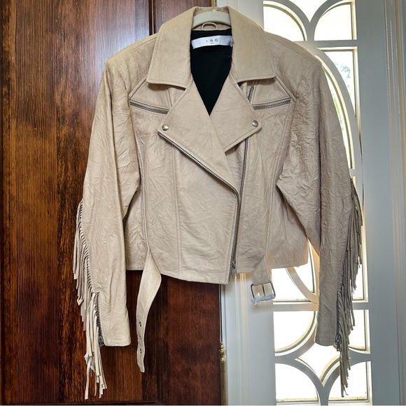 NWT IRO Marom Fringed Crinkled Leather Biker Jacket 38 M Beige - Picture 4 of 11